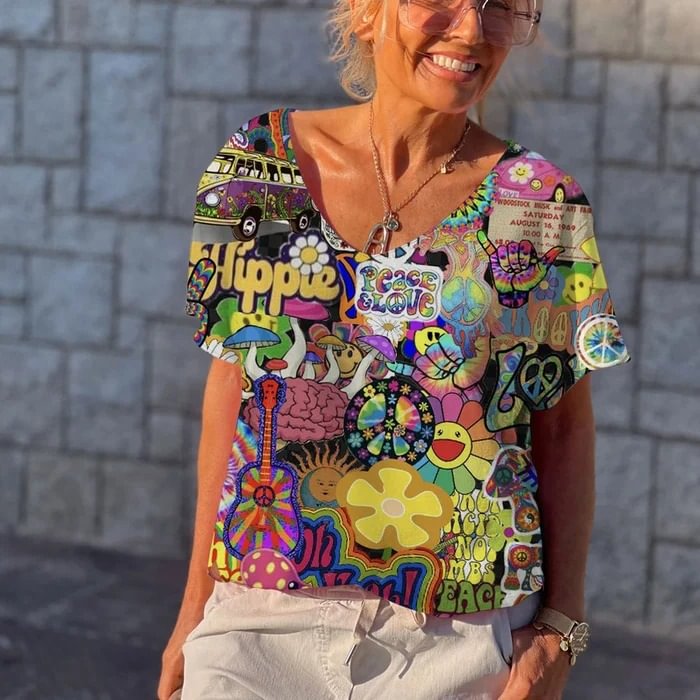 Hippie Imagine Print V-Neck Casual T-Shirt