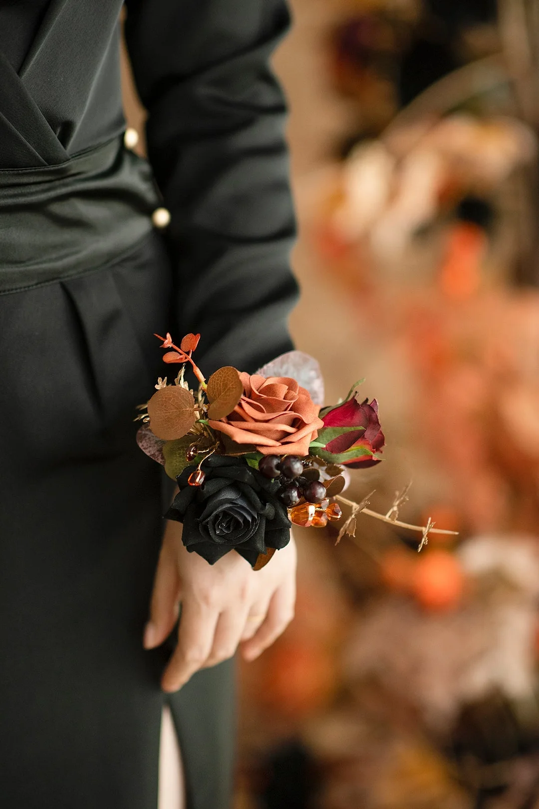 Wrist Corsages in Black & Pumpkin Orange