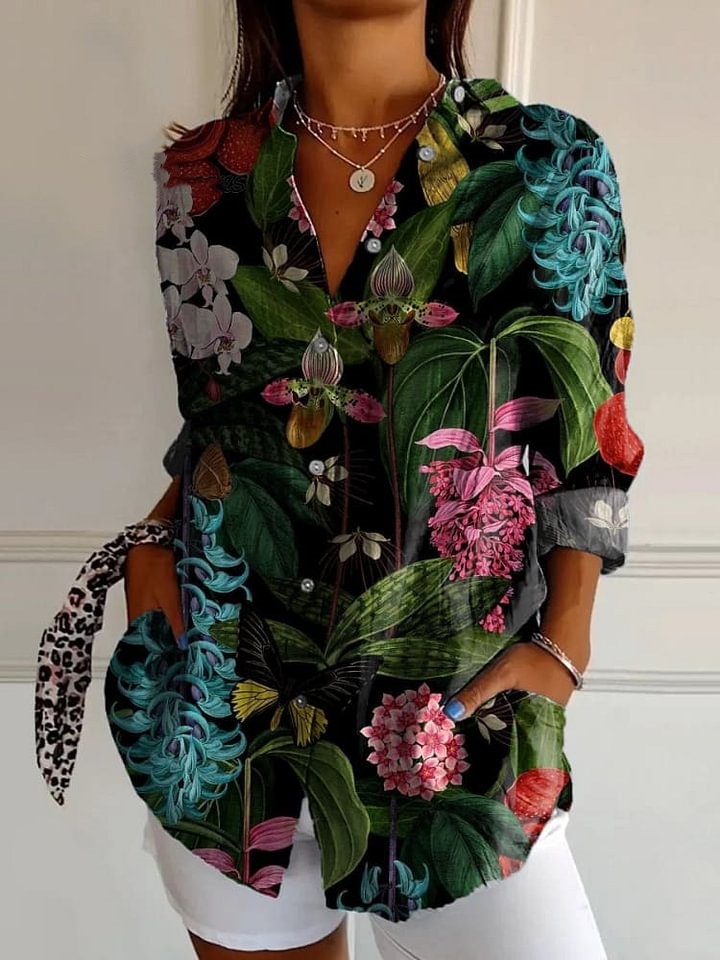 Realistic Style Painting Flowers and Plants Decorative Pattern Casual Cotton Shirt