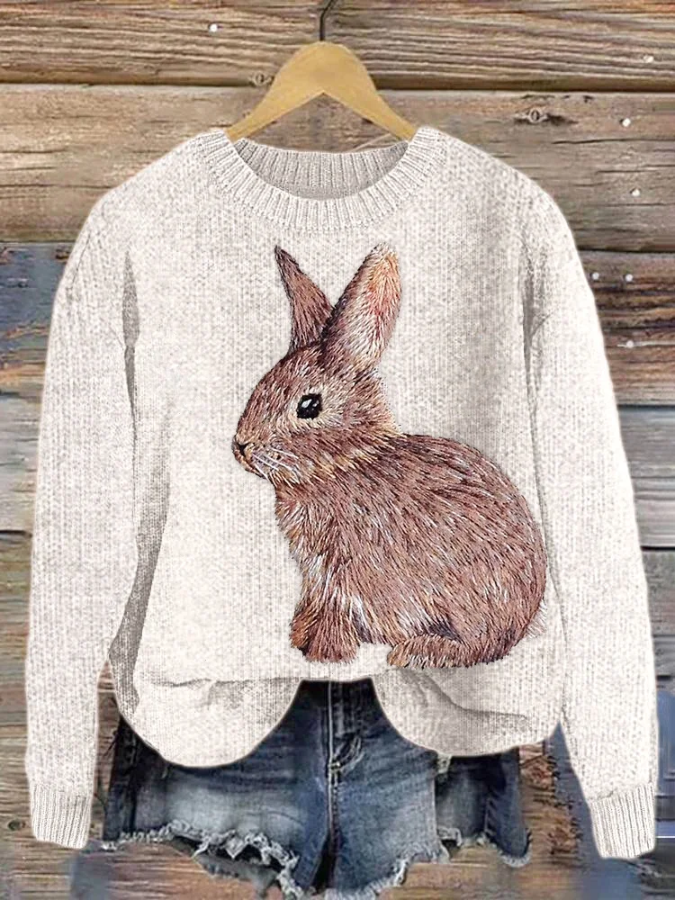Comstylish Embroidered Bunny Casual Cozy knit Sweater