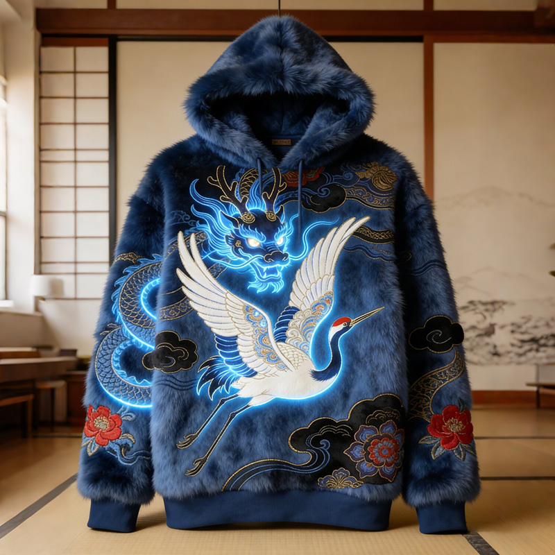Men's Crane With Dragon Art Print Casual Flannel Hoodie  artssus