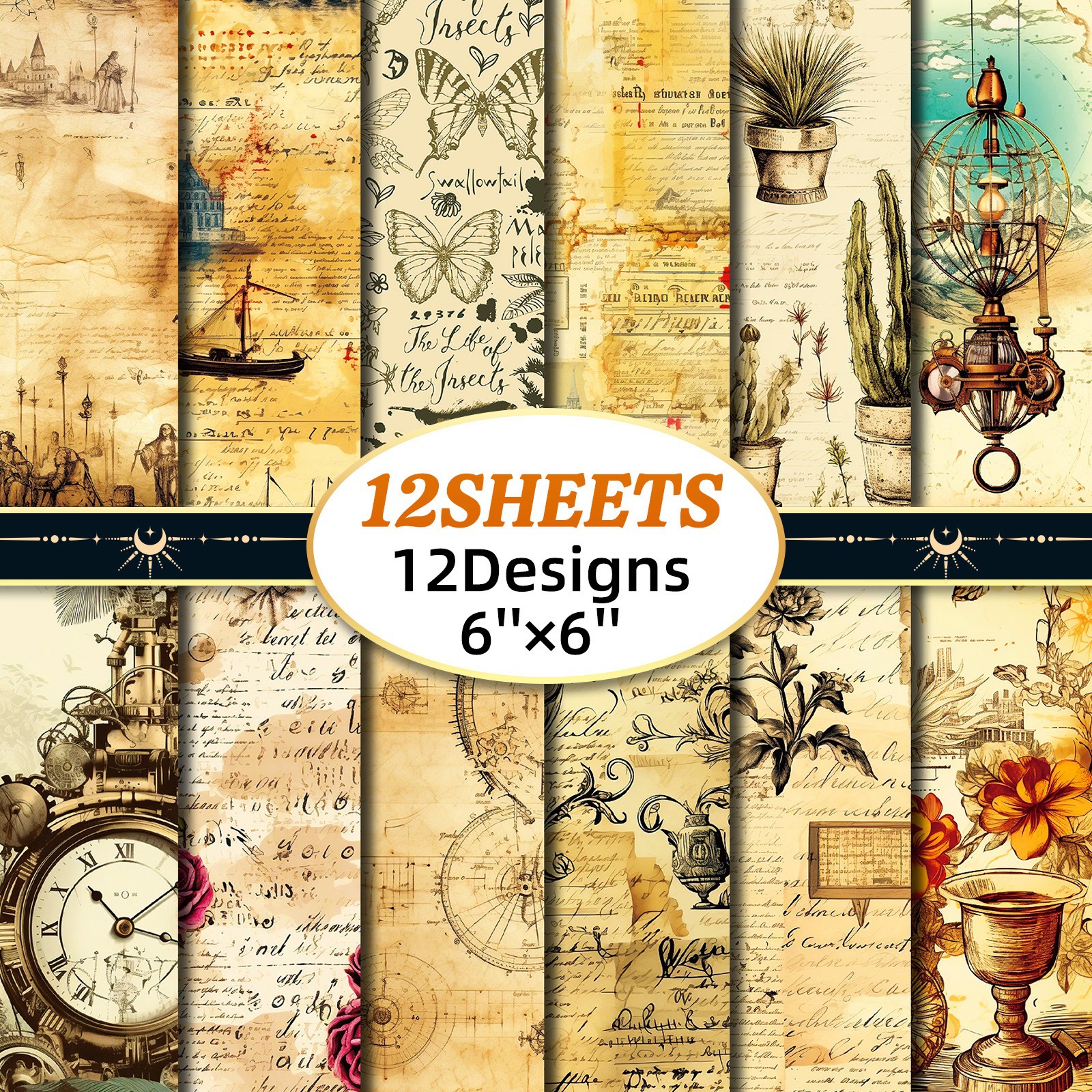 재질: 종이 - 12매/세트 빈티지 여행시계 꽃무늬