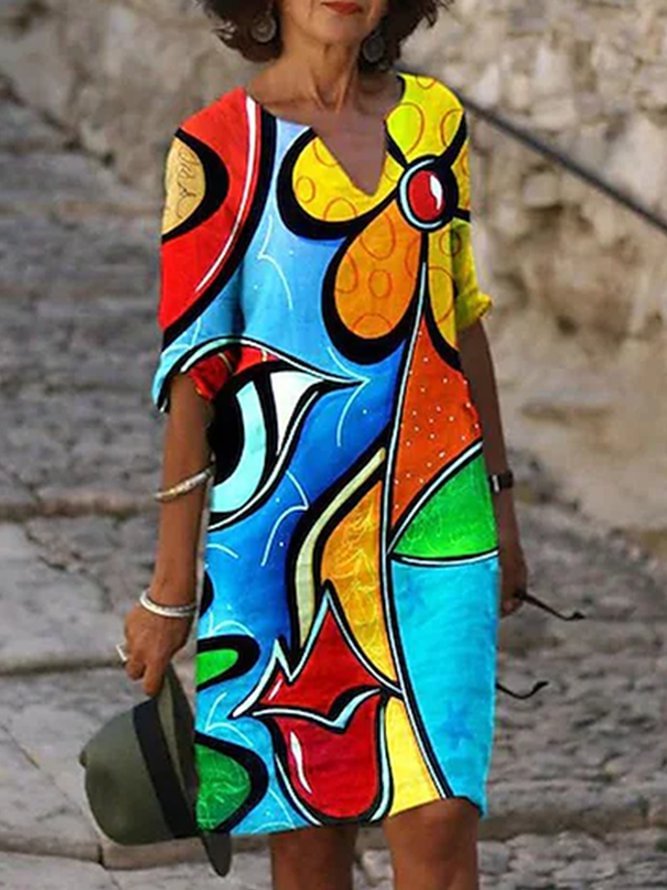 Casual Vintage Art Classic Color Block Short Sleeve Woven Dress D220- Fabulory