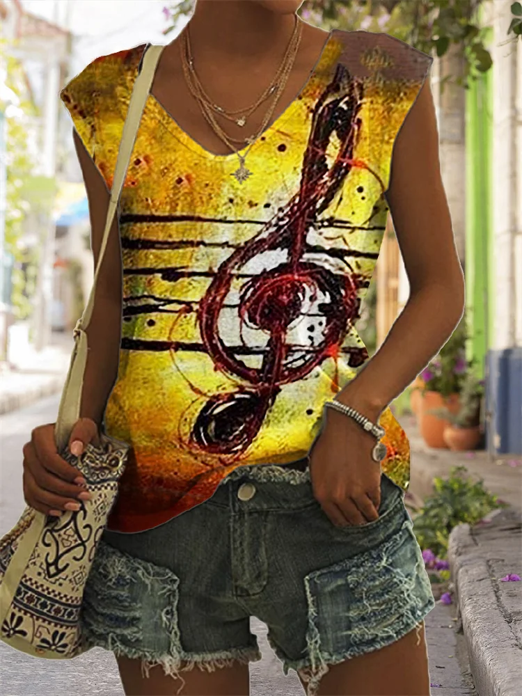 Music Notes Oil Painting V Neck Tank Top