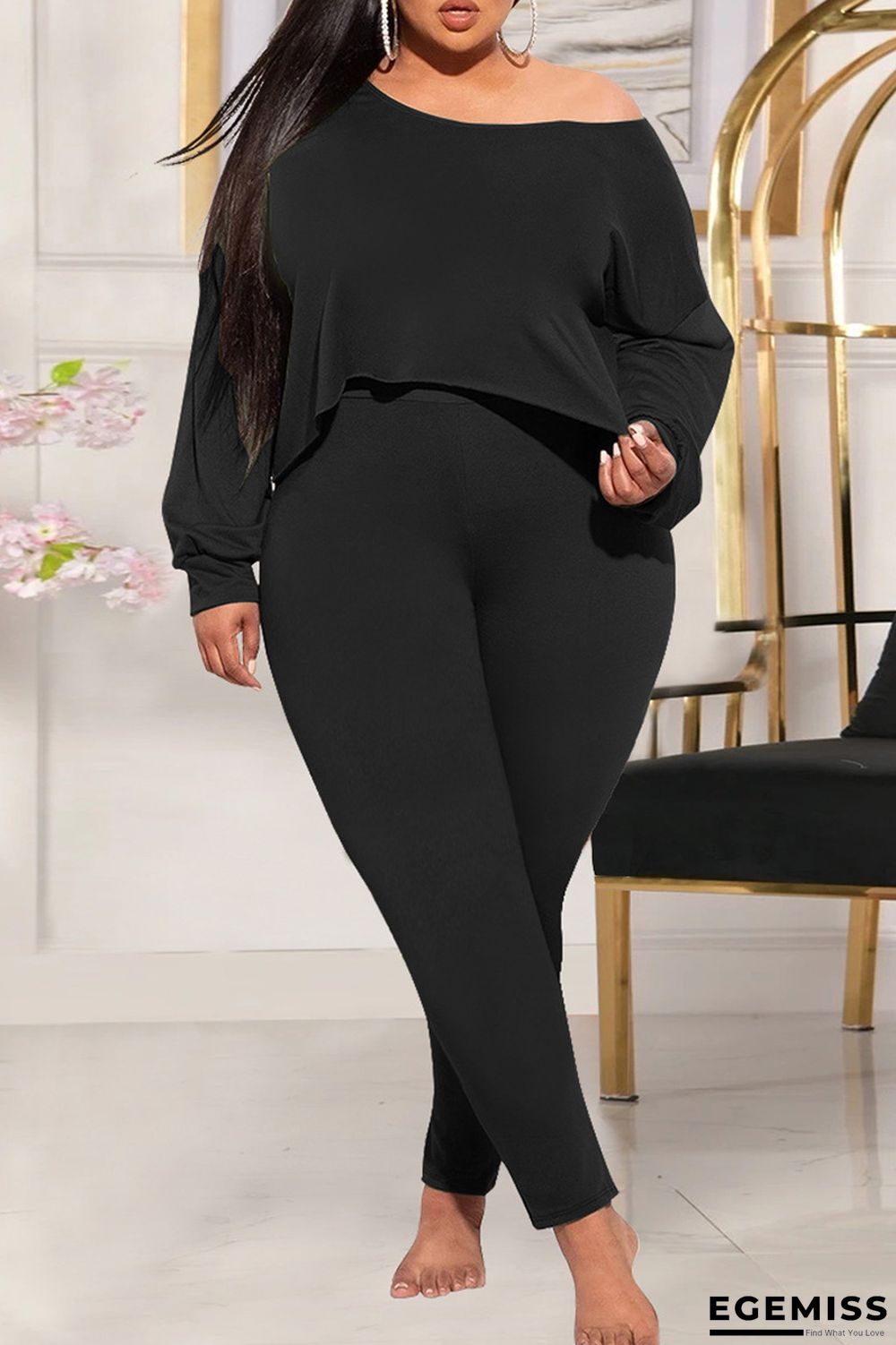 Black Fashion Casual Solid Basic Oblique Collar Plus Size Two Pieces | EGEMISS