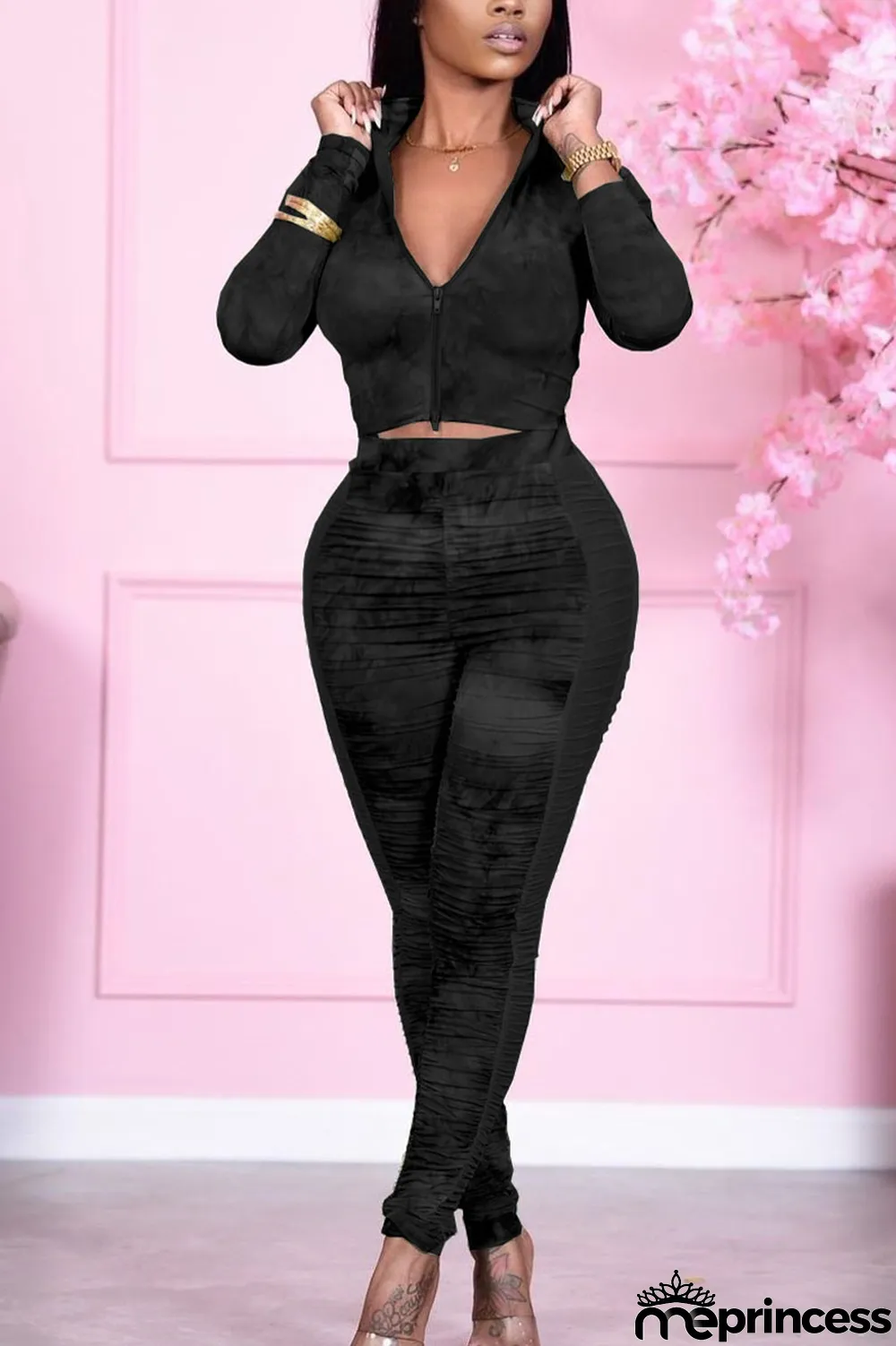 Blue Casual Print Solid Split Joint Zipper Collar Long Sleeve Two Pieces