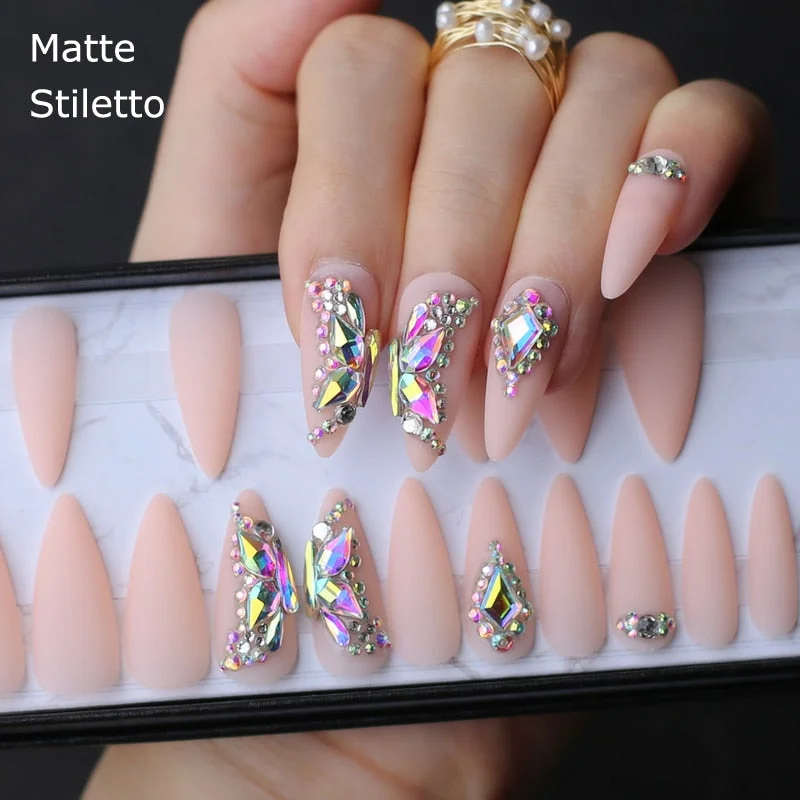 Butterfly Crystal Luxury Coffin nude Press on nails box 24pcs UV Acrylic nails bling DIY manual Ballet matte pink fasle nails-Nail Inspo