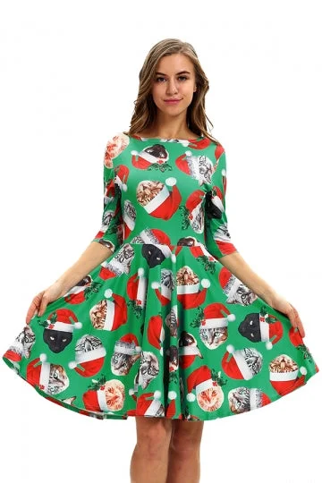 Crew Neck Half Sleeve Hooded Cat Print Midi Christmas Dress Green-elleschic
