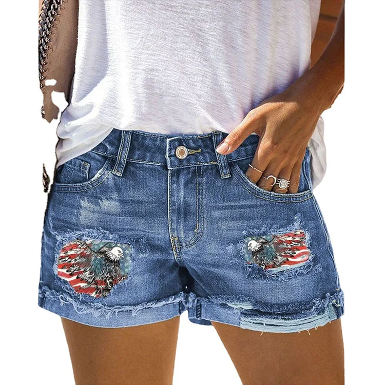 Printed Cuffed Ripped Denim Shorts