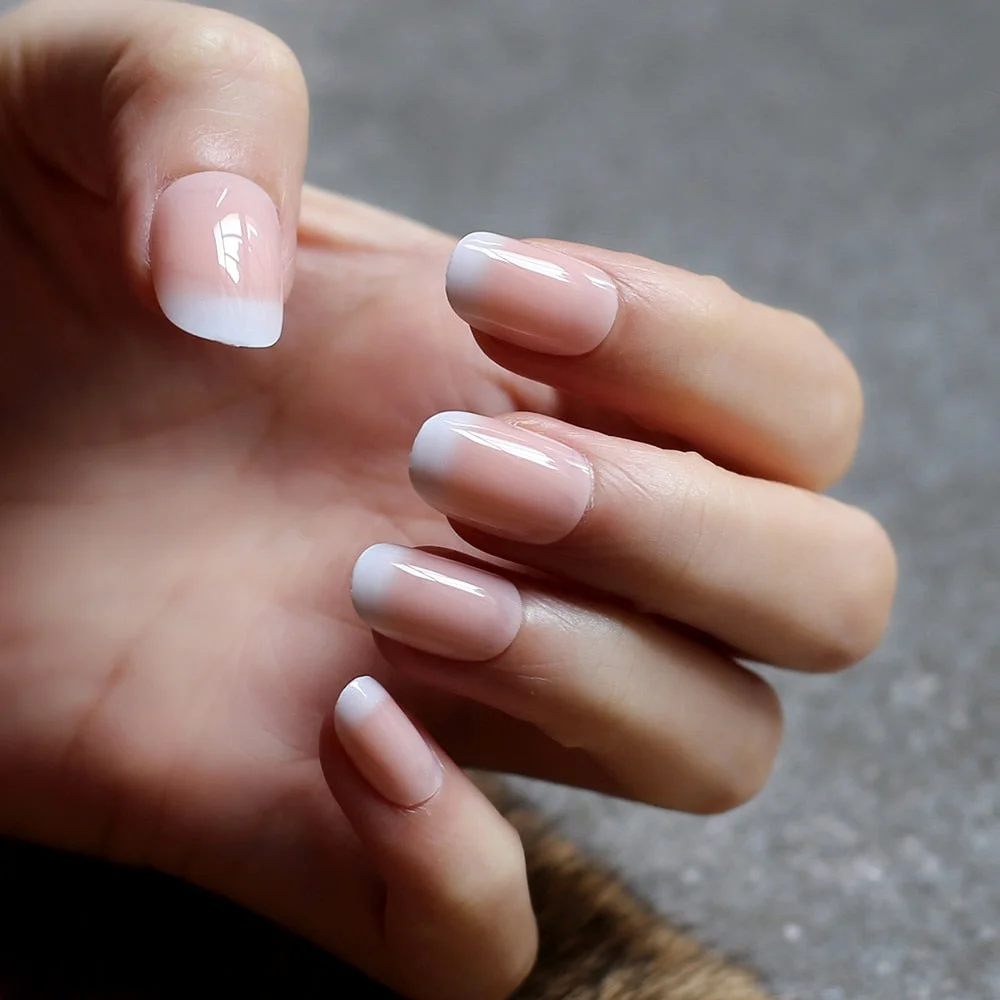 Gel Exquisite French Coffin Baby nude Acrylic nails salon 24pcs Baby pink Fake nails ballet UV glossy reuseull wholesale droship-Nail Inspo