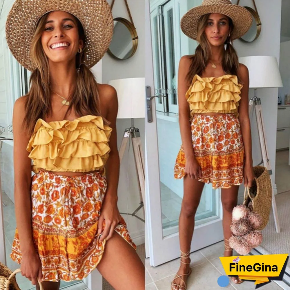 Women Fashion Casual Floral Short Skirts Summer High Waist Pleated Beach Skirt Beho Ruffle Dresses