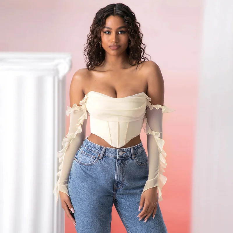 Zingj Sexy Ruffle Strapless Full Sleeve Crop Top Women Elegant Off-shoulder Cropped Tops Female Fashion Partywear T-shirt