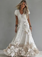 Women's Vintage Boho Floral Art  Short-sleeved Maxi Dress