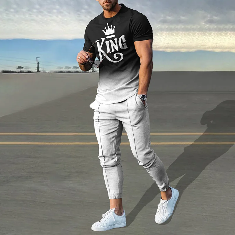 Tiboyz Black Gradient King Print T-Shirt And Pants Co-Ord