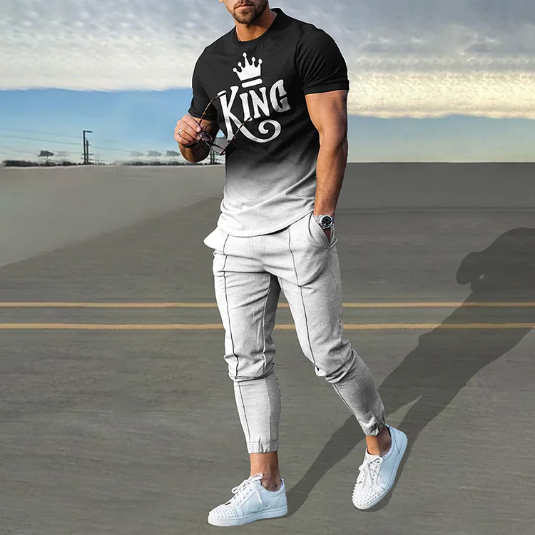 BrosWear Black Gradient King Print T-Shirt And Pants Co-Ord