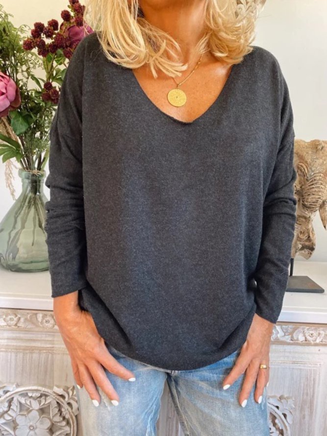 Navy V Neck Solid Casual Shirts & Tops