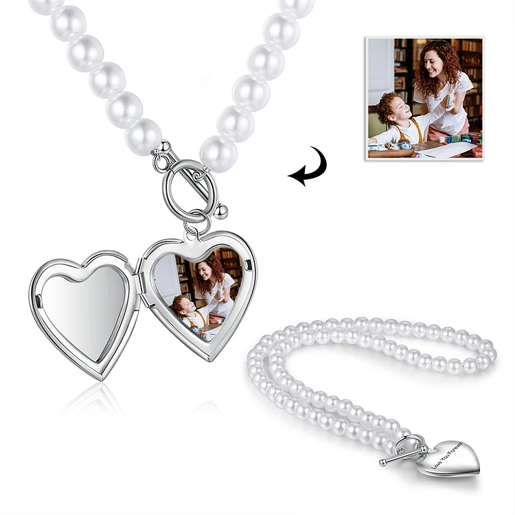 Personalized Heart Photo Necklace Pearl Chain with Engraving