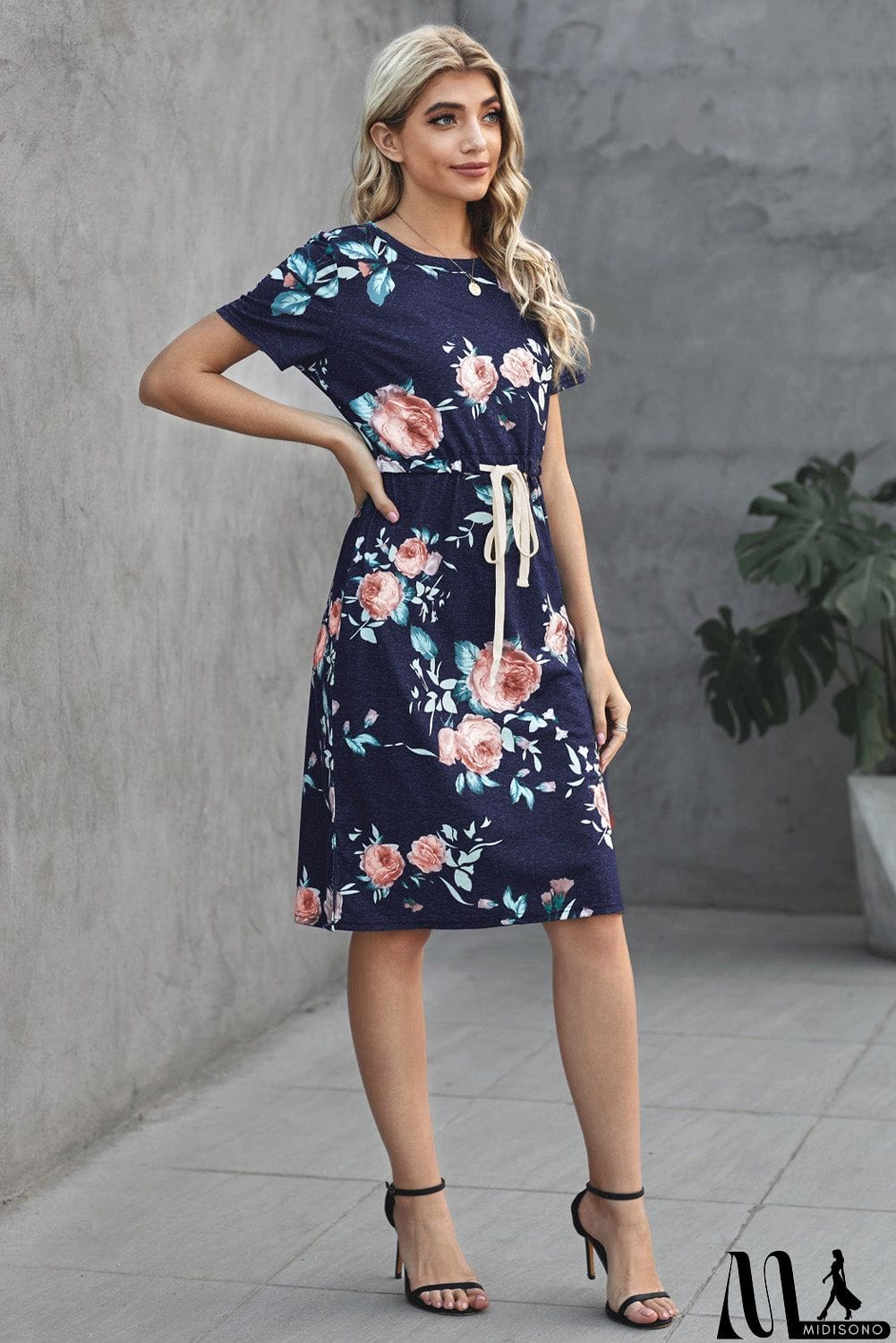 MidiSono - Casual Navy Blue Short Sleeve Pocketed Drawstring Midi Floral Dress