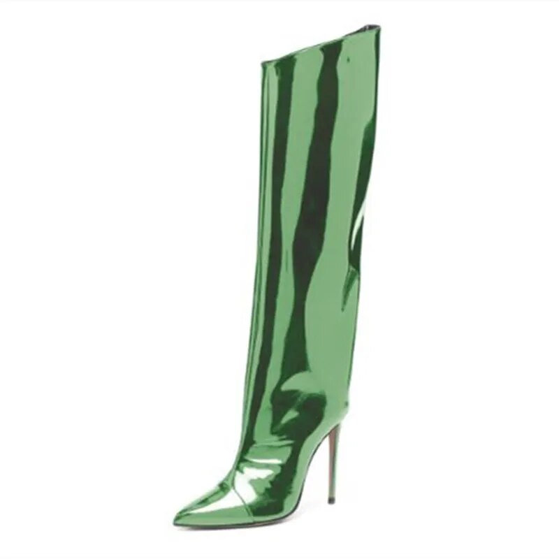 TAAFO Shoes Women's Shoes Shiny Leather Women's Knee High Boots Pointed Toe Boots Show