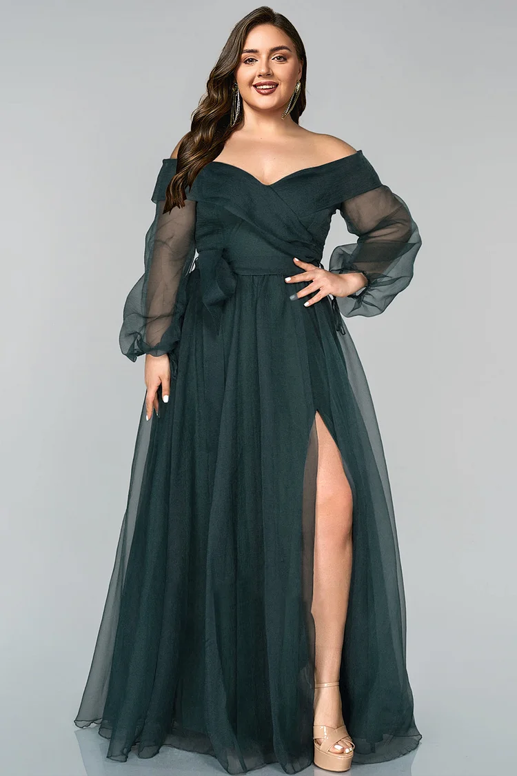 Flycurvy Plus Size Formal Dark Green Mesh Split Off The Shoulder Lantern Sleeve Maxi Dress 2024 - Flycurvy 