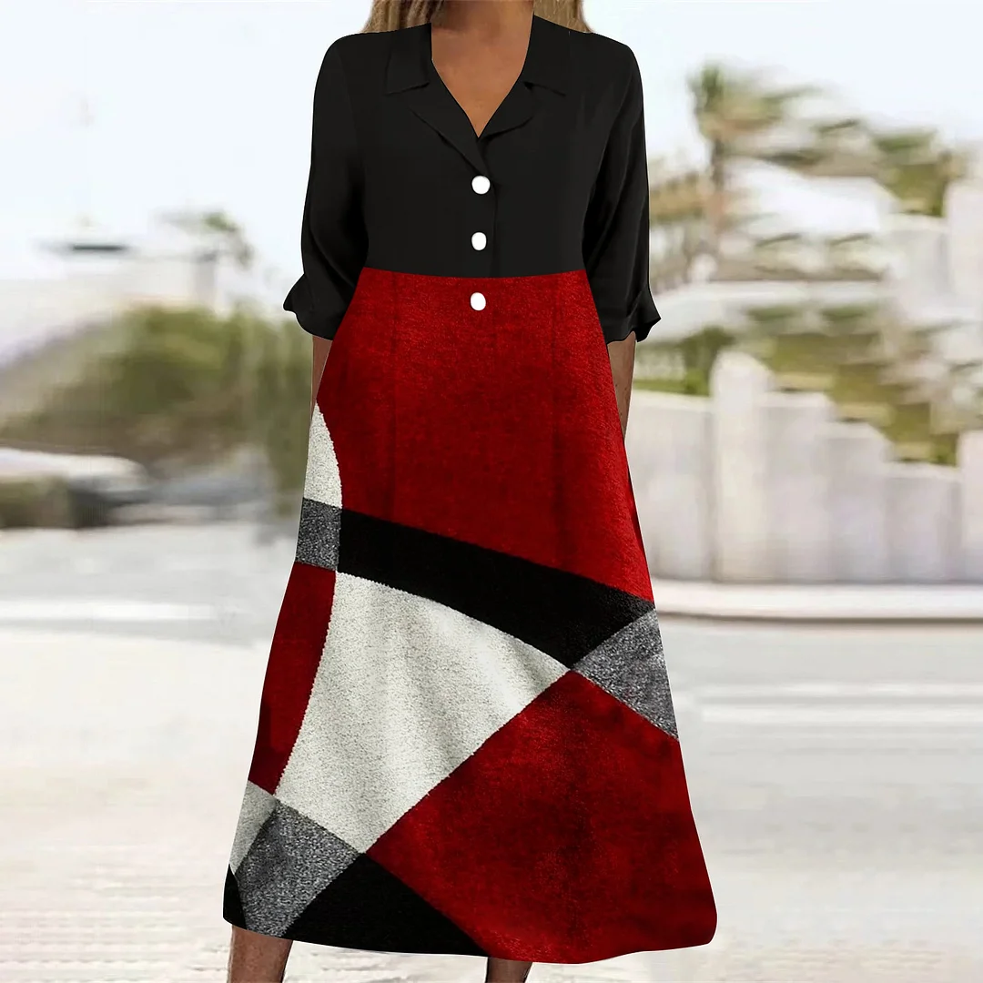 Women's Casual Short-Sleeve Button-Down Collar Midi Dress with Pockets Printed in Black, Red, Geometric