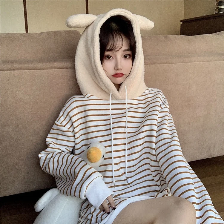 Cute Ears Striped Pocket Hooded Sweatshirt - Gotamochi Kawaii Shop, Kawaii Clothes