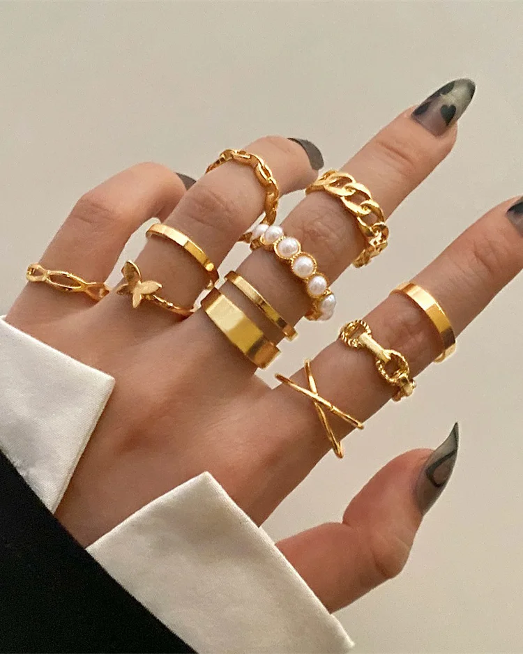 Fashion party butterfly pearl ring set of 10 adjustable-Accessories