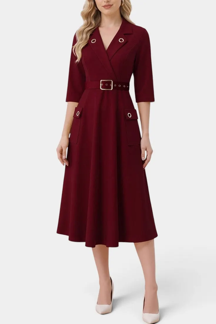 Tailored Belted Midi Dress with Eyelet Accents