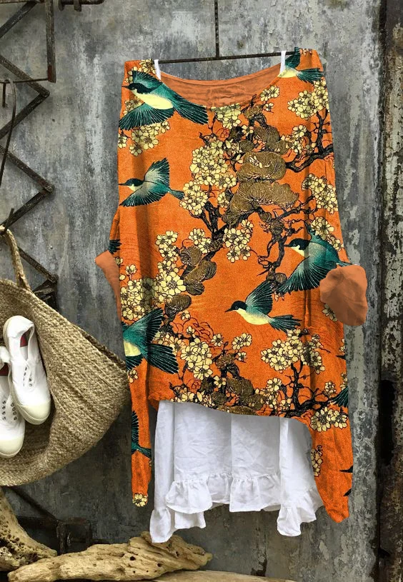 Japanese Art Retro Crew Neck Irregular Top