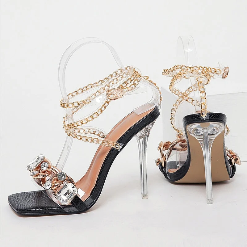 Eilyken Newest Crystal Chain Women Sandals Summer Party Wedding Shoes Sexy Fashion Square Toe Transparent Perspex Stiletto Heels