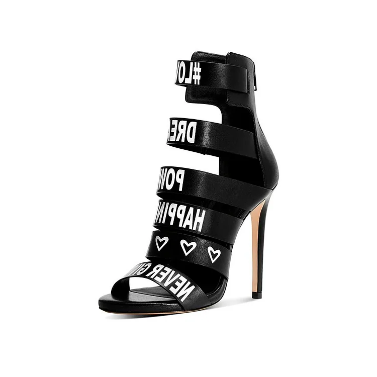 Black Gladiator Heels Open Toe Stiletto Heel Sandals with Letters |FSJ Shoes