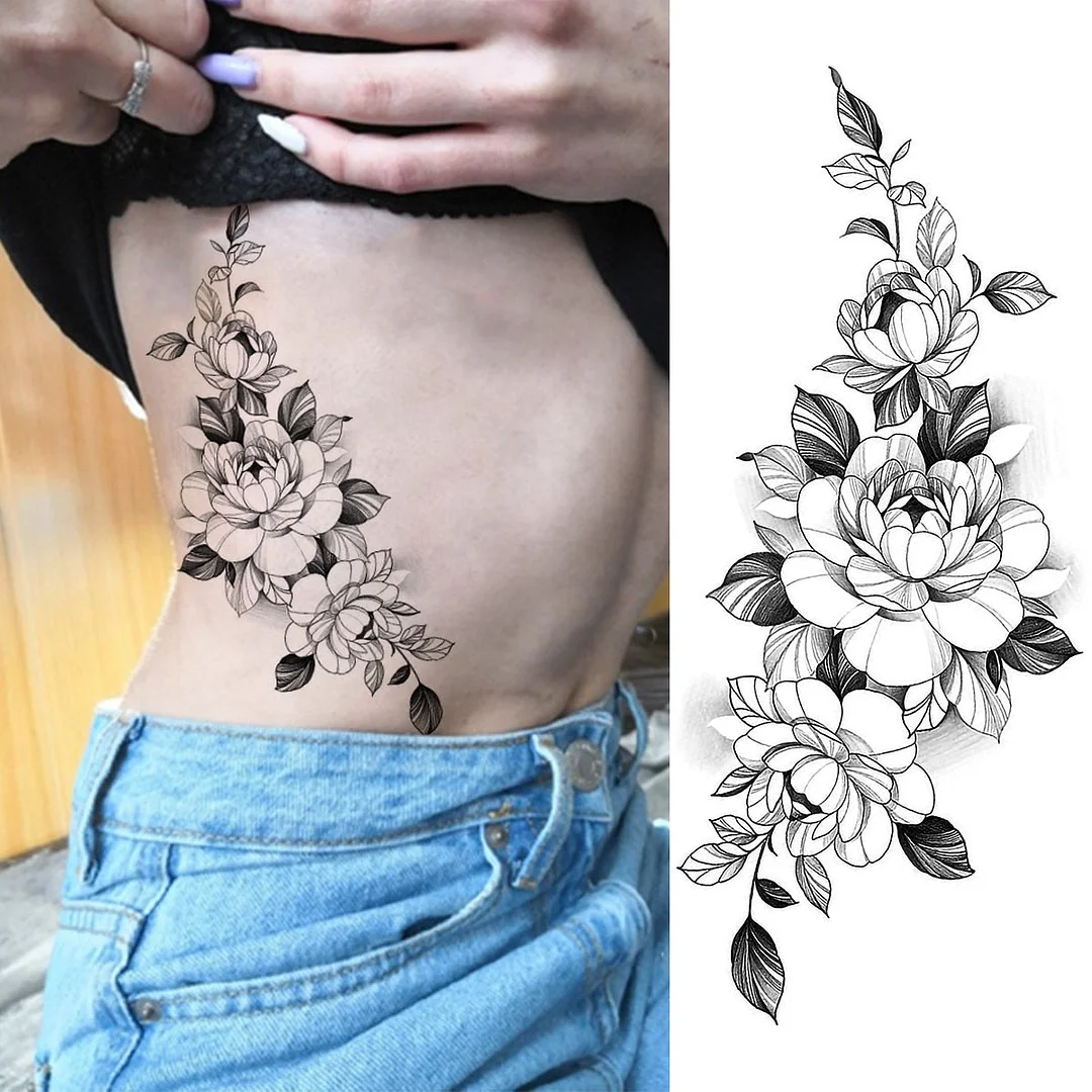 3D Black Peony Flower Lion Moon Temporary Tattoos For Women Adult Girl Realistic Rose Fake Tattoo Forearm Waterproof Tatoo Paper
