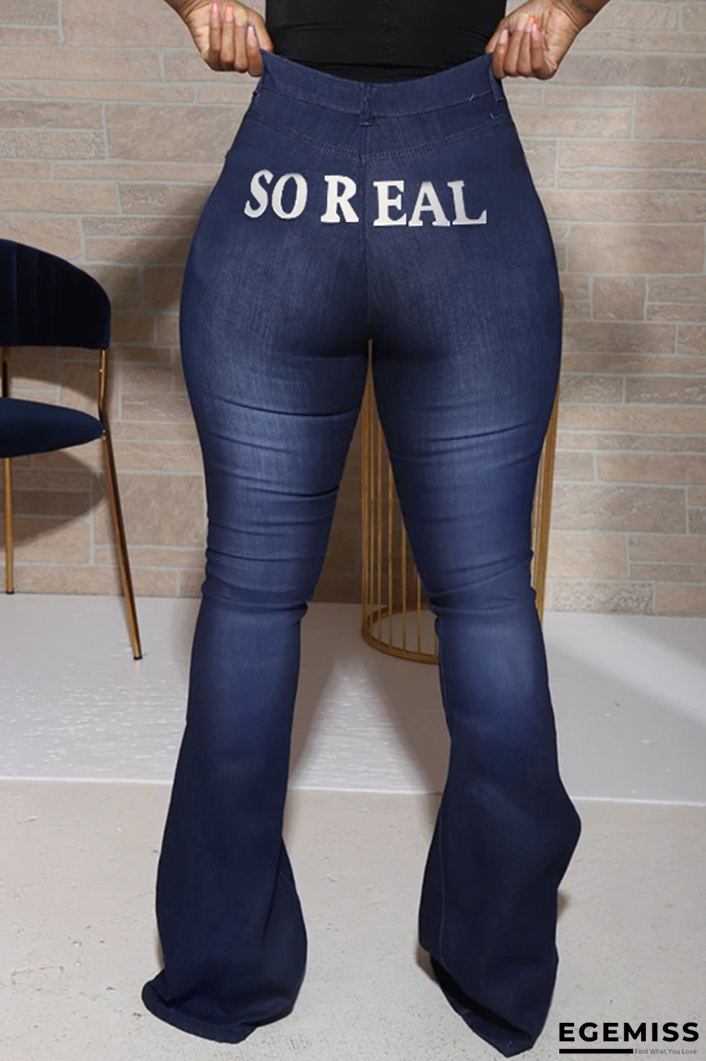 Deep Blue Casual Patchwork Letter High Waist Boot Cut Denim Jeans | EGEMISS