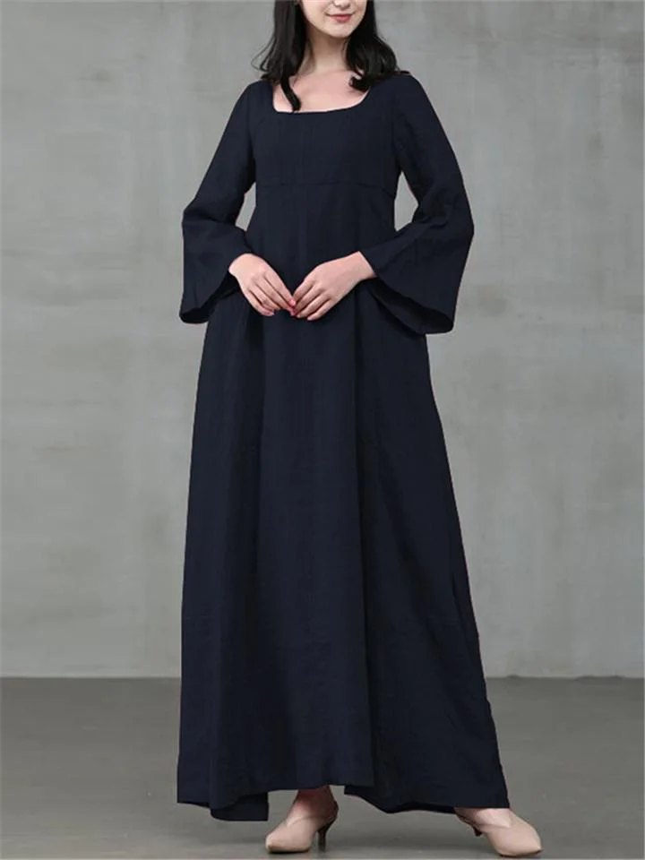Casual Fit Scoop Neck Bell Sleeve Cotton Flare Maxi Dress