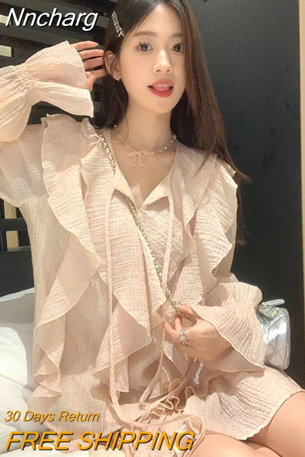 Nncharge Flare Sleeve Shirts Summer Cake Skirts Women Elegant Mori Girl Style Two Piece Chemise Femme Sweet Y2k Bandage Sets