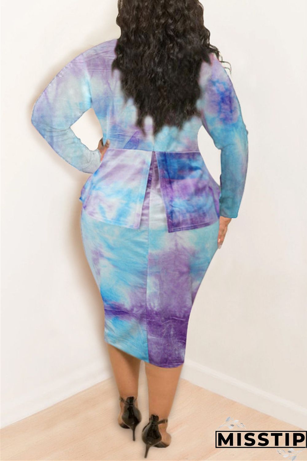 Orange Fashion Casual Plus Size Print Tie Dye Tie-dye Turtleneck Printed Dress