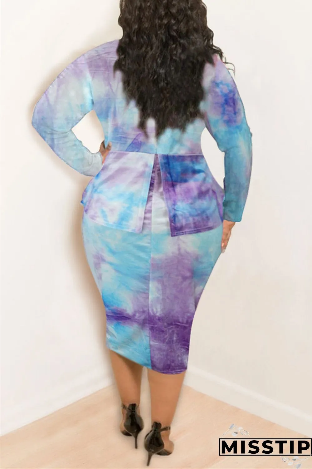 Orange Fashion Casual Plus Size Print Tie Dye Tie-dye Turtleneck Printed Dress