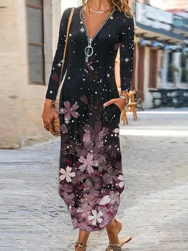 Women's Long Sleeve Zip V-neck Print Casual Maxi Dress