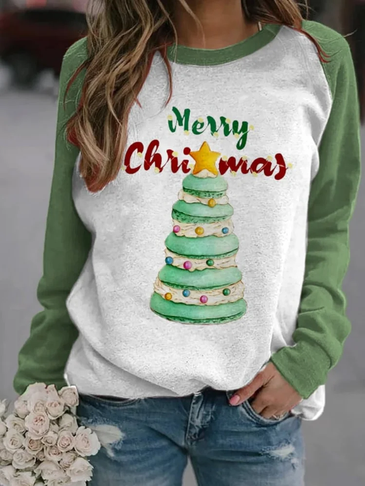 Wearshes Merry Macaroon Christmas Tree Print Sweatshirt