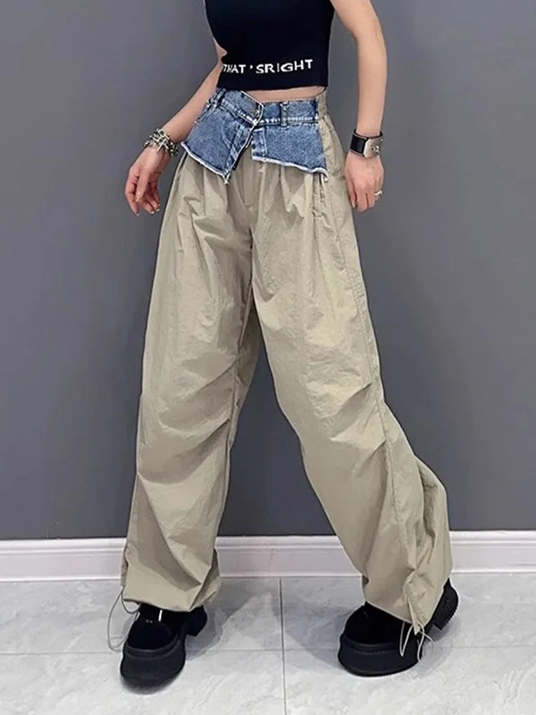 Drawstring Elasticity Split-Joint Loose Wide Leg Trousers Cargo Pants