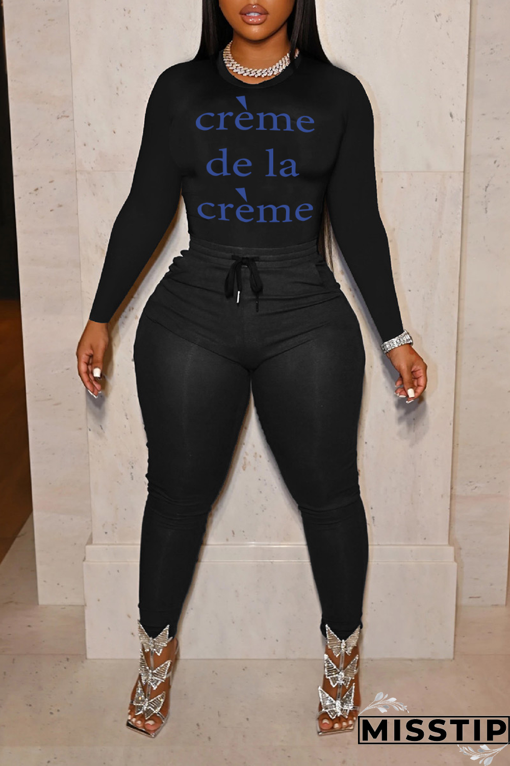 Black Street Print Letter O Neck Tops
