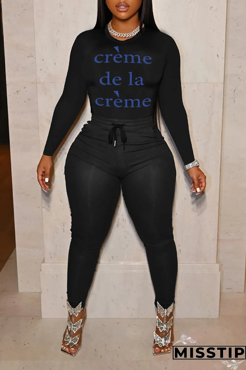 Black Street Print Letter O Neck Tops