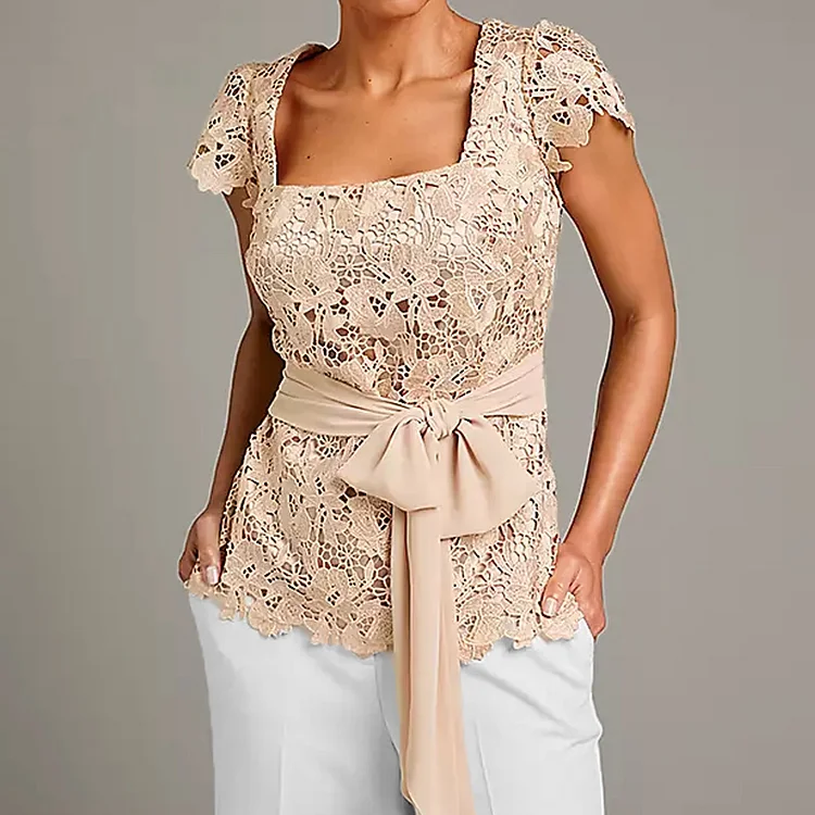 Lace Floral Square Neck Short Sleeve Lace Up Blouse