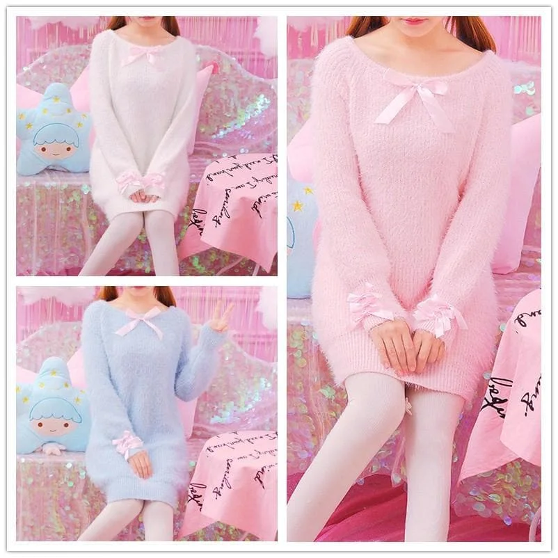 Blue/Pink/White Pastel Bow Midi Knitting Sweater SP1711467