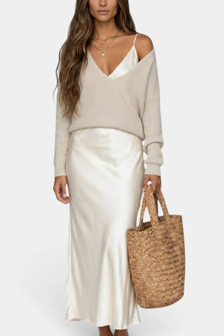 Off-Shoulder V-Neck Sweater with Satin Slip Dress