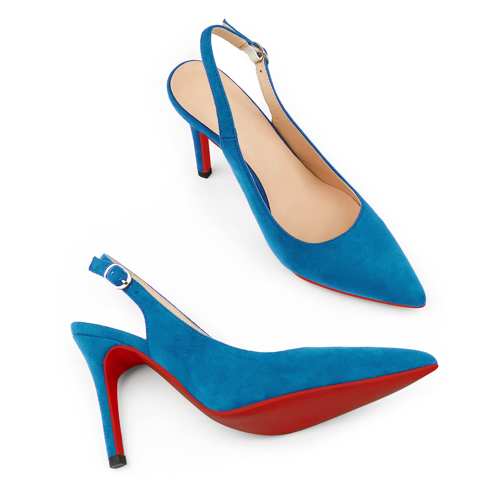 90mm Mid Heels for Women Slingback Pumps Sandals Pointed Toe Pumps Red Bottoms Suede Shoes-MERUMOTE