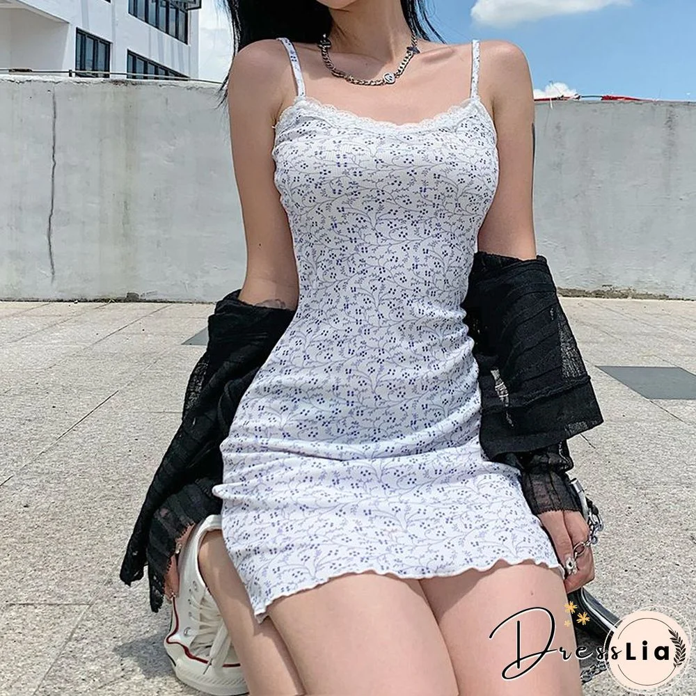 Beautiful Ribbed White Lace Trim Floral Print Dress With Ruffles