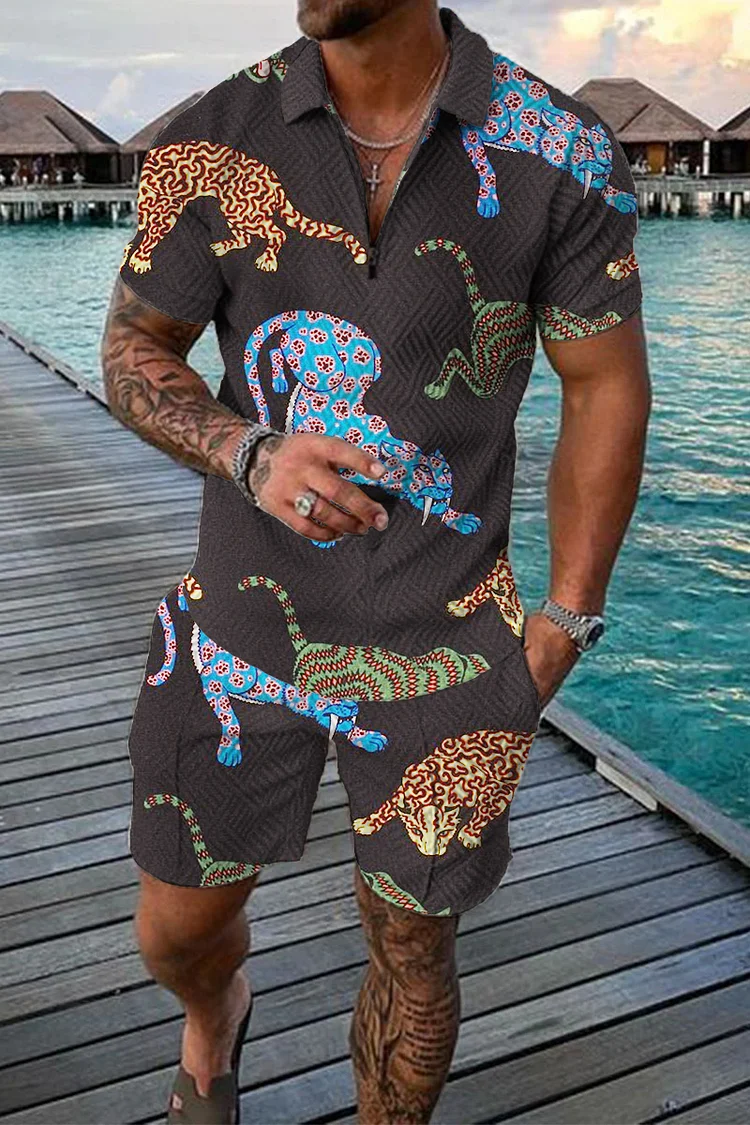 Leopard Print Short Sleeve Polo Suit