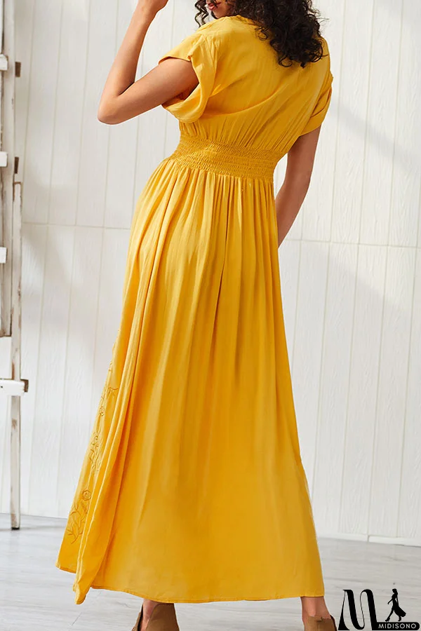 MidiSono - Yellow Slit Embroidered Maxi Dress