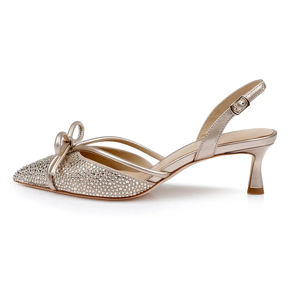 Chic Champagne Kitten Heel Slingback Pumps Shoes with Rhinestones